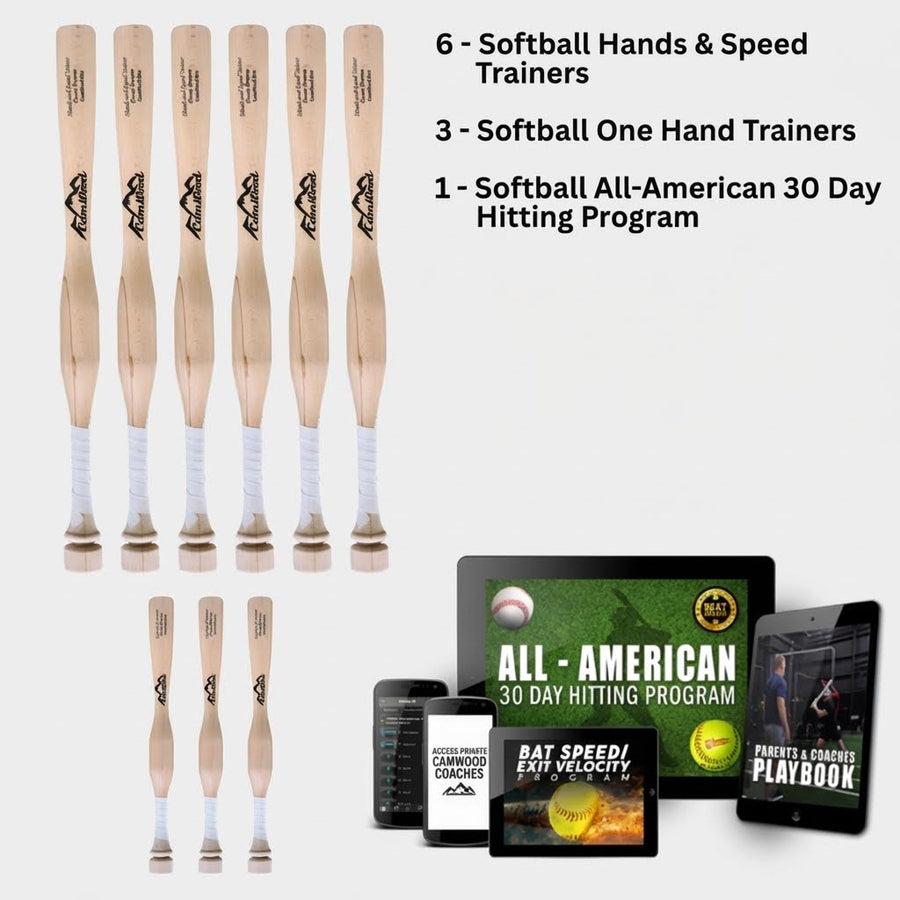 6 Softball CamWood Bats, 3 One Handers, & All-American 30 Day Program