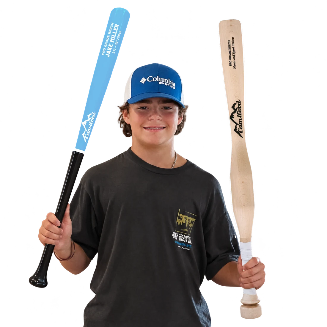 A player holding his custom Carolina Blue CamWood game bat and the free Hands & Speed Trainer